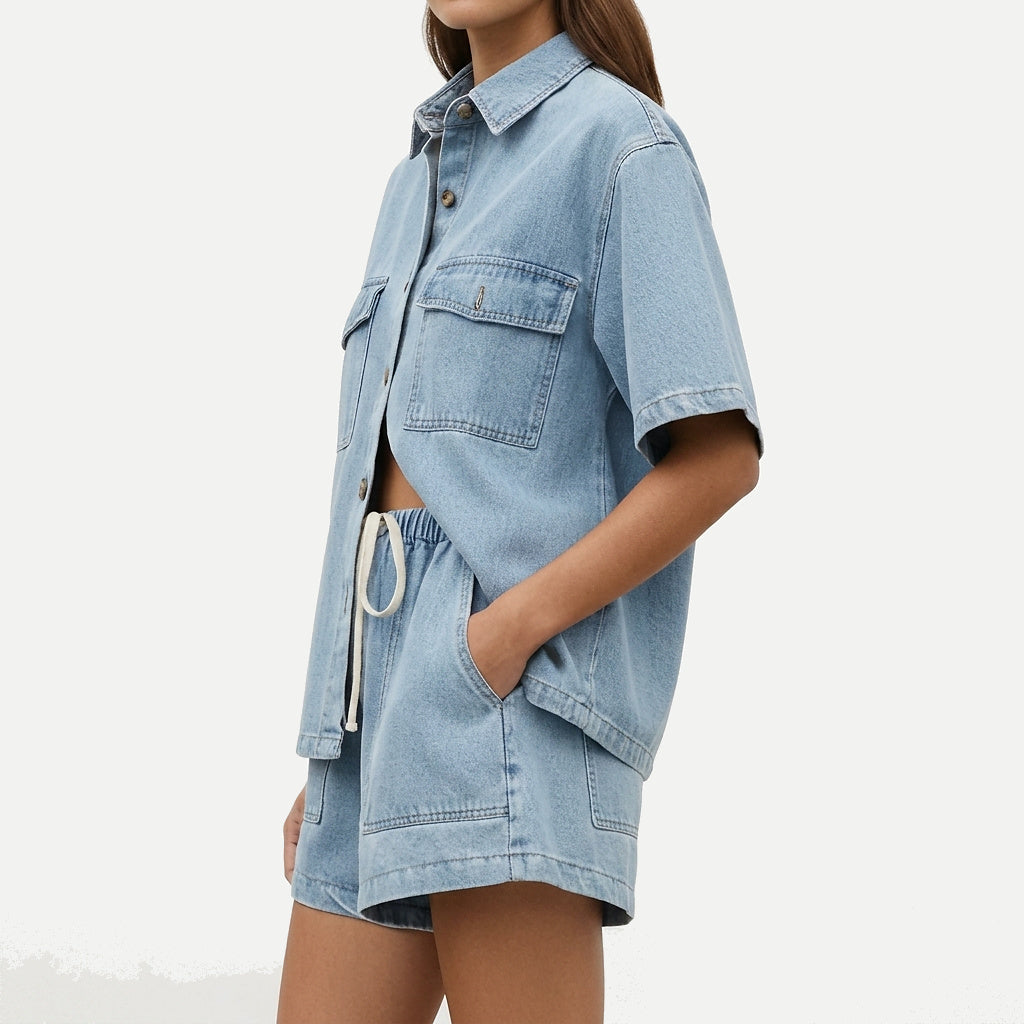 Mujer Conjunto de camisa de manga corta y pantalones cortos con bolsillos de parche-Sets for women-Casaluzia