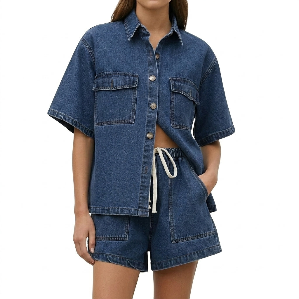 Mujer Conjunto de camisa de manga corta y pantalones cortos con bolsillos de parche-Sets for women-Casaluzia