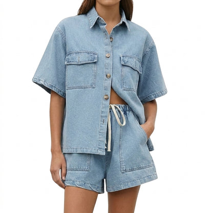 Mujer Conjunto de camisa de manga corta y pantalones cortos con bolsillos de parche-Sets for women-Casaluzia