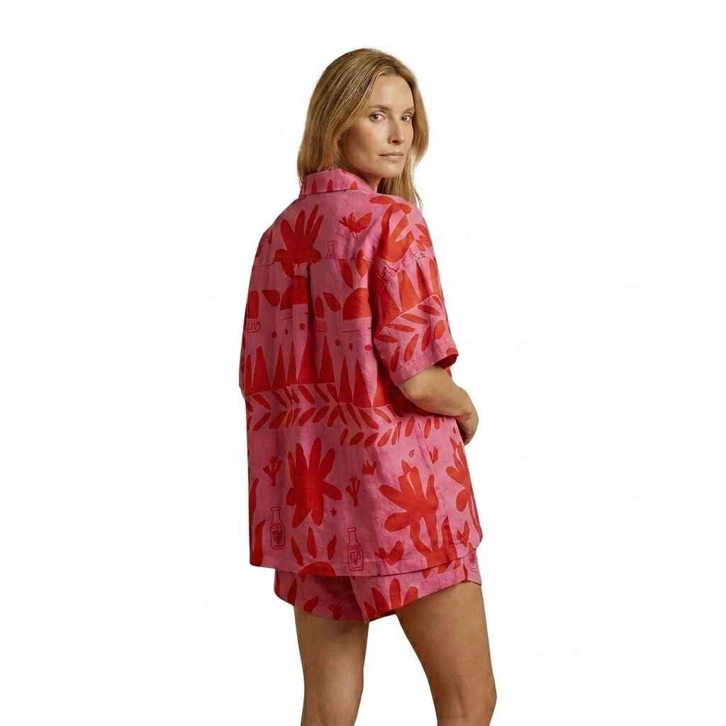 Mujer Conjunto de camisa de manga corta y pantalones cortos con cuello de solapa y cierre de botones-Sets for women-Casaluzia