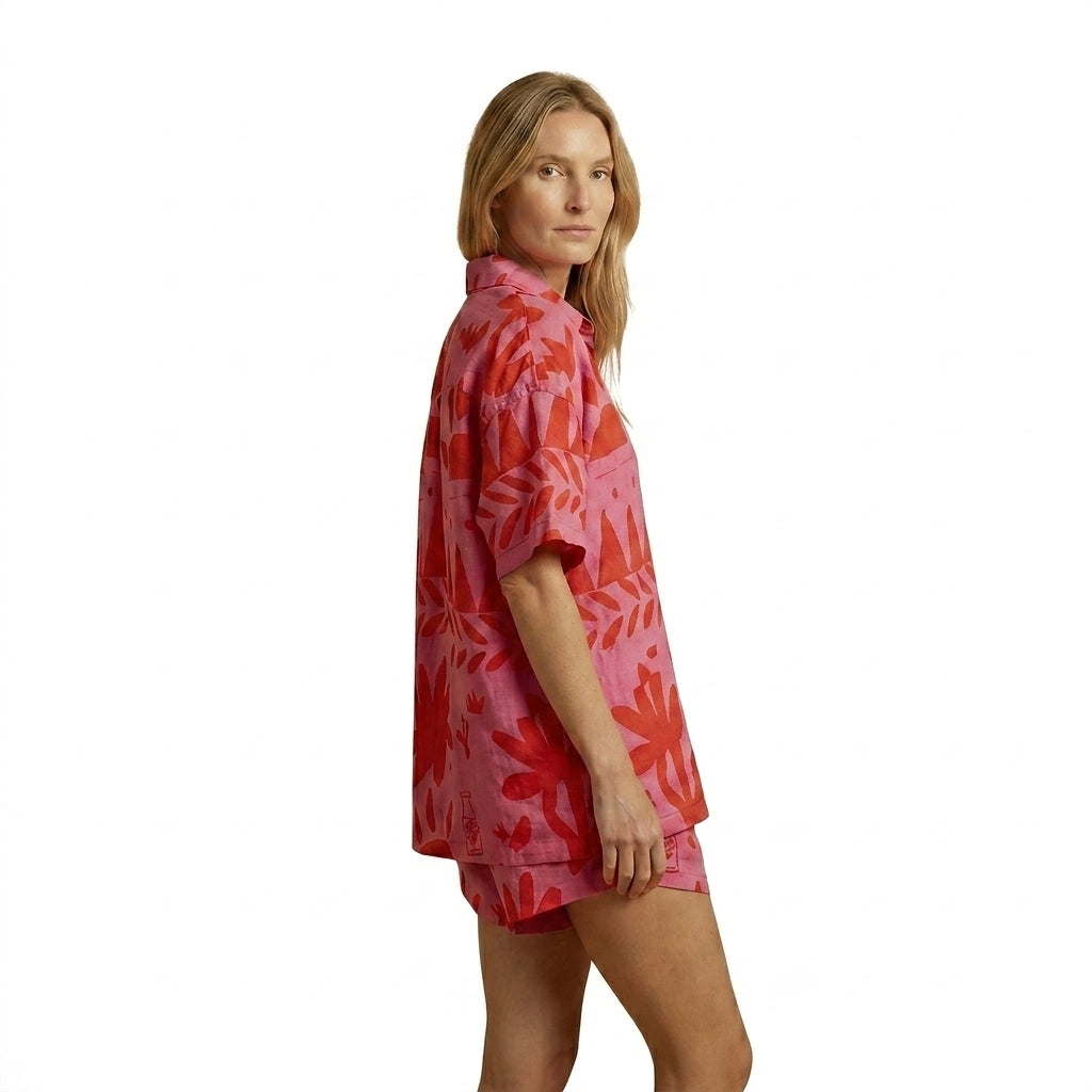 Mujer Conjunto de camisa de manga corta y pantalones cortos con cuello de solapa y cierre de botones-Sets for women-Casaluzia