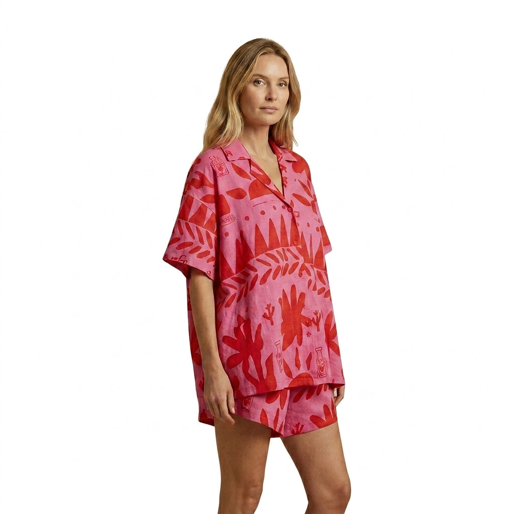Mujer Conjunto de camisa de manga corta y pantalones cortos con cuello de solapa y cierre de botones-Sets for women-Casaluzia