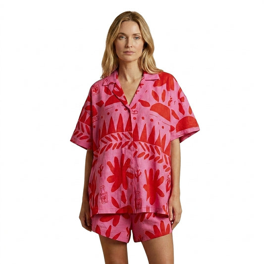 Mujer Conjunto de camisa de manga corta y pantalones cortos con cuello de solapa y cierre de botones-Sets for women-Casaluzia