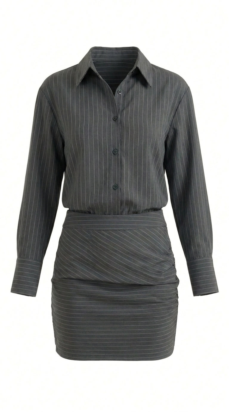 Mujer Conjunto de camisa de manga larga y minifalda con rayas diplomáticas y fruncido lateral-Sets for women-Casaluzia