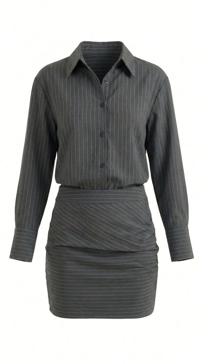 Mujer Conjunto de camisa de manga larga y minifalda con rayas diplomáticas y fruncido lateral-Sets for women-Casaluzia