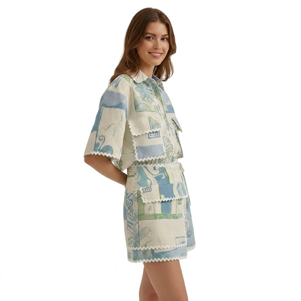 Mujer Conjunto de Dos Piezas con Camisa y Falda Cruzada Estampada-Sets for women-Casaluzia