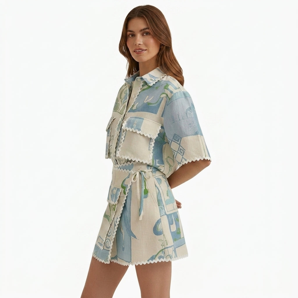 Mujer Conjunto de Dos Piezas con Camisa y Falda Cruzada Estampada-Sets for women-Casaluzia