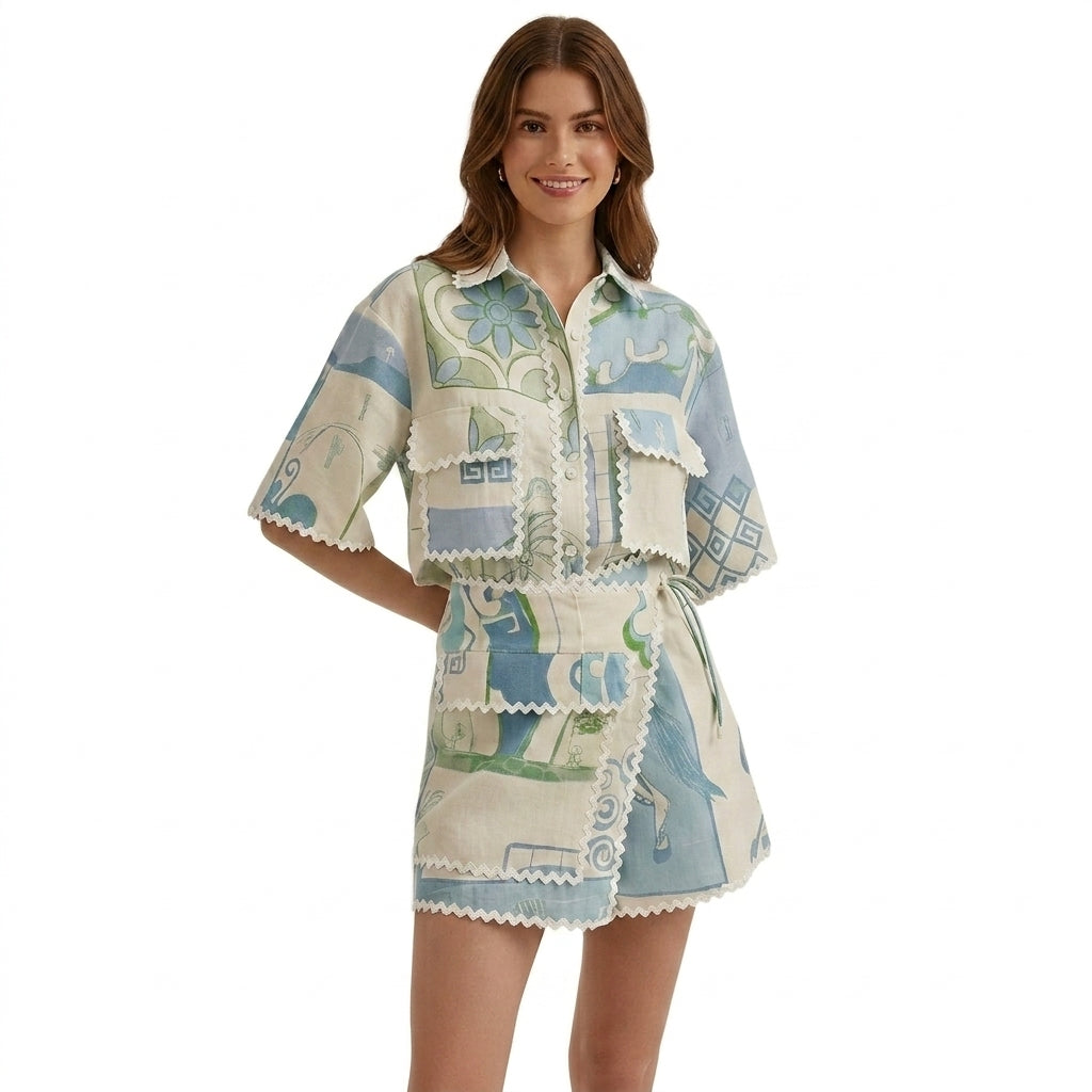 Mujer Conjunto de Dos Piezas con Camisa y Falda Cruzada Estampada-Sets for women-Casaluzia