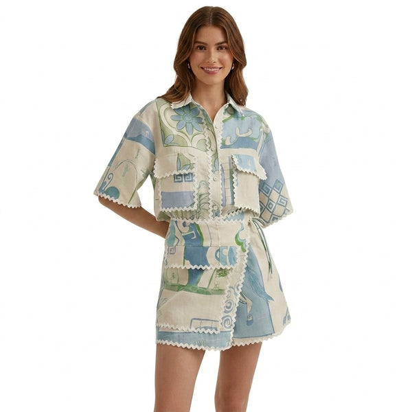 Mujer Conjunto de Dos Piezas con Camisa y Falda Cruzada Estampada