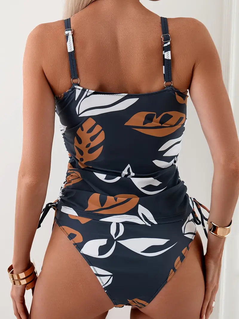 Mujer Conjunto de tankini con estampado de hojas y laterales fruncidos-Swimwear for women-Casaluzia
