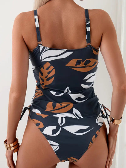 Mujer Conjunto de tankini con estampado de hojas y laterales fruncidos-Swimwear for women-Casaluzia