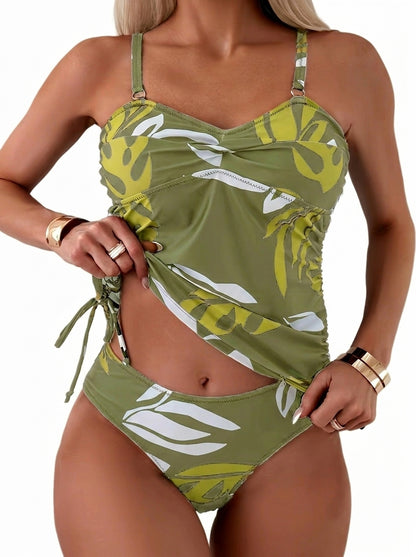 Mujer Conjunto de tankini con estampado de hojas y laterales fruncidos-Swimwear for women-Casaluzia