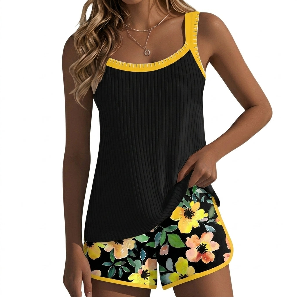 Mujer Conjunto de Tankini con Top Acanalado y Pantalones Cortos Estampados-Sets for women-Casaluzia