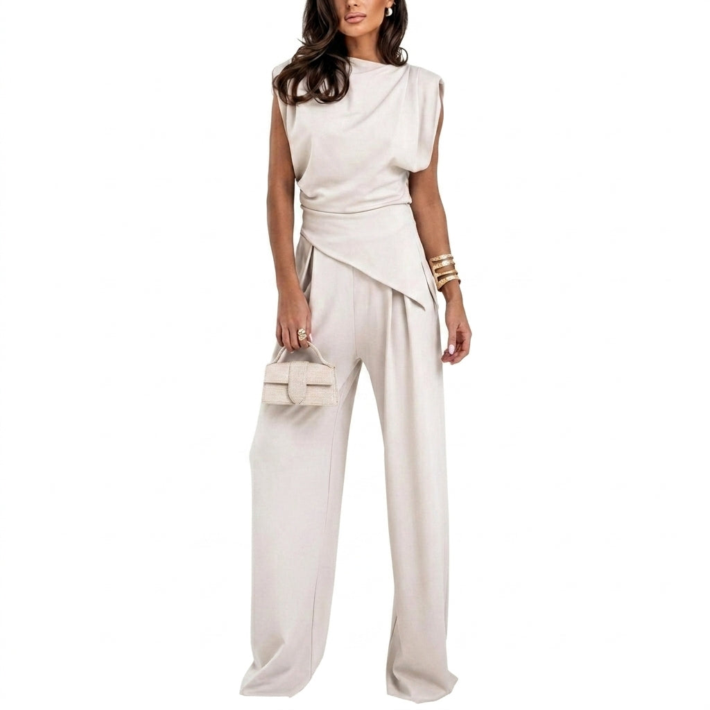 Mujer Conjunto de top sin mangas con cuello drapeado y pantalones de pernera ancha-Sets for women-Casaluzia