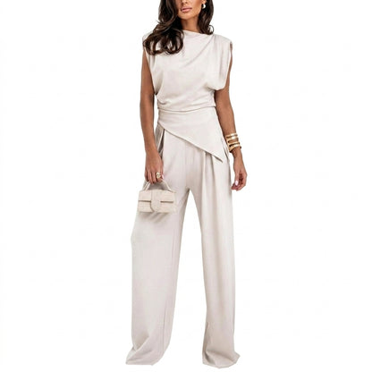 Mujer Conjunto de top sin mangas con cuello drapeado y pantalones de pernera ancha-Sets for women-Casaluzia