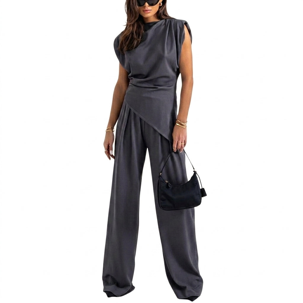 Mujer Conjunto de top sin mangas con cuello drapeado y pantalones de pernera ancha-Sets for women-Casaluzia