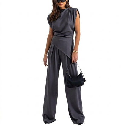 Mujer Conjunto de top sin mangas con cuello drapeado y pantalones de pernera ancha-Sets for women-Casaluzia