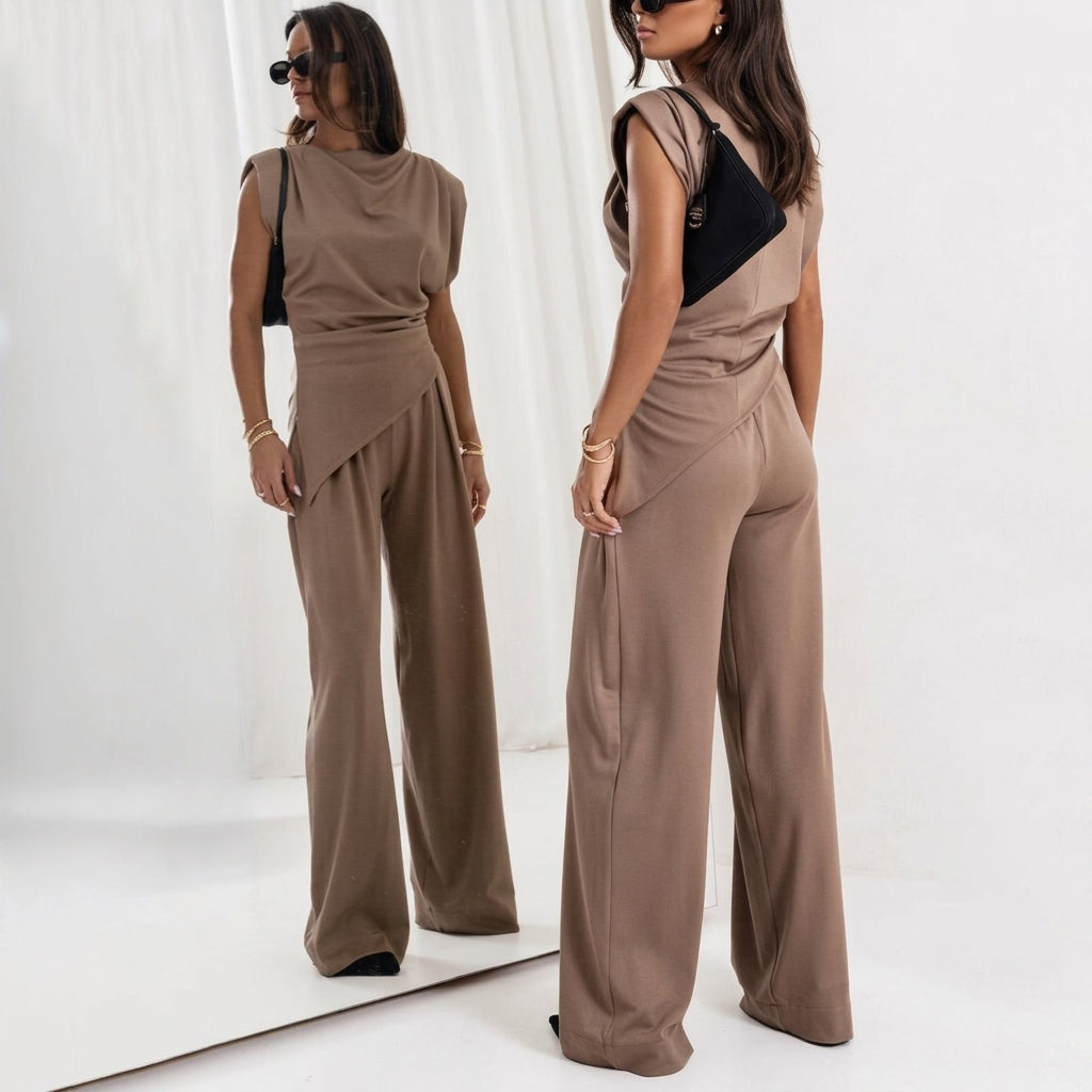Mujer Conjunto de top sin mangas con cuello drapeado y pantalones de pernera ancha-Sets for women-Casaluzia
