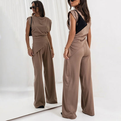 Mujer Conjunto de top sin mangas con cuello drapeado y pantalones de pernera ancha-Sets for women-Casaluzia