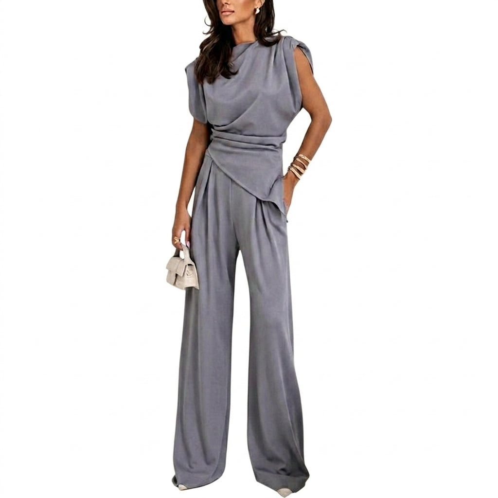 Mujer Conjunto de top sin mangas con cuello drapeado y pantalones de pernera ancha-Sets for women-Casaluzia
