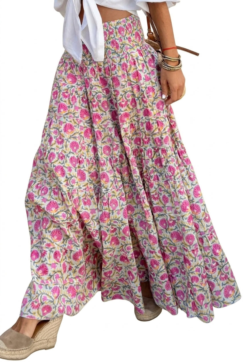 Mujer Falda Larga con Cintura Fruncida y Diseño Escalonado-Skirt for women-Casaluzia