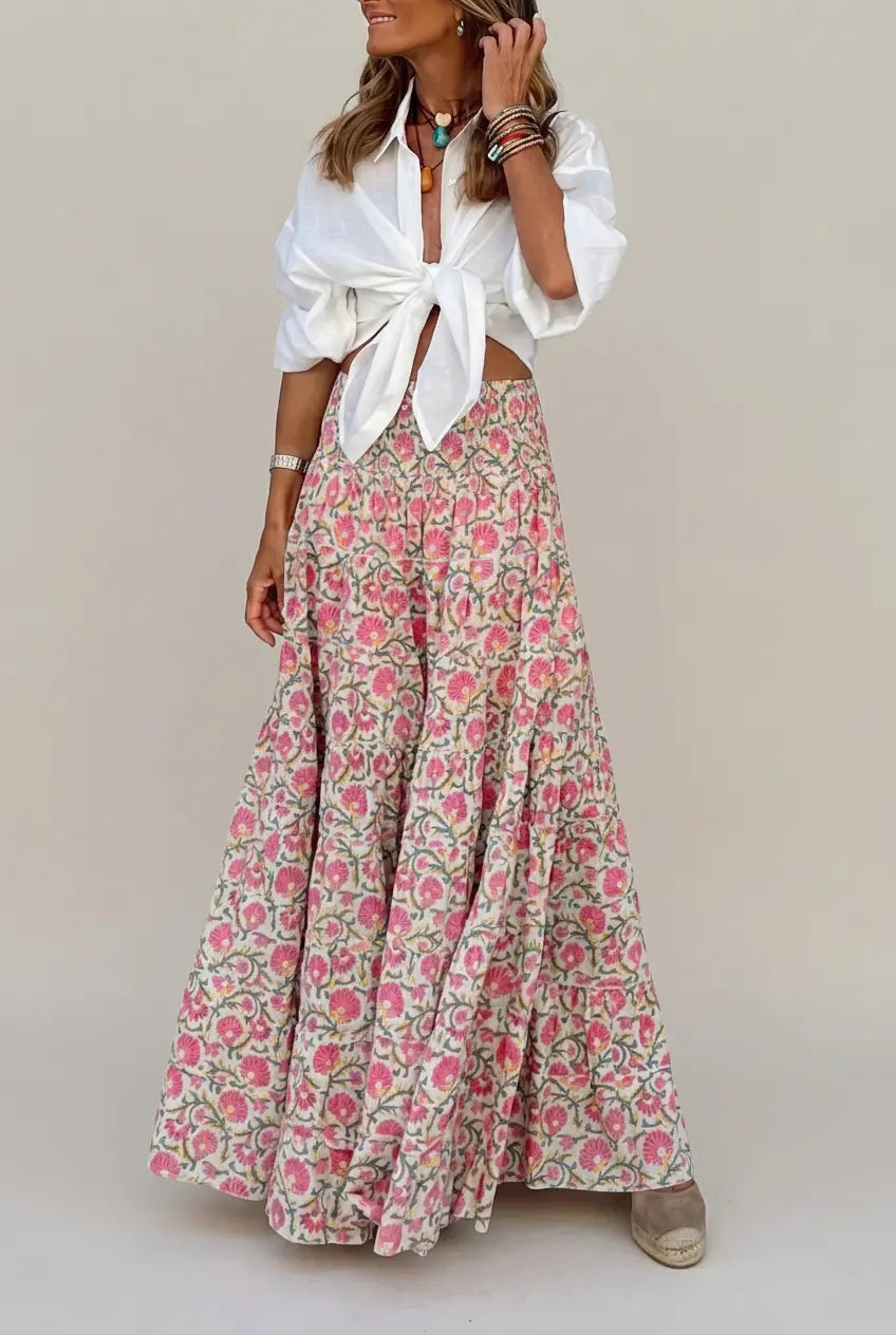 Mujer Falda Larga con Cintura Fruncida y Diseño Escalonado-Skirt for women-Casaluzia