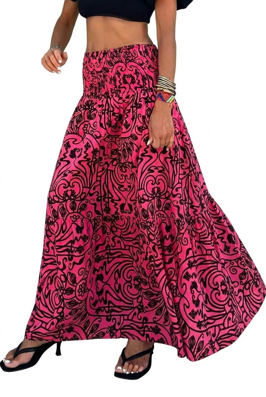 Mujer Falda Larga con Cintura Fruncida y Diseño Escalonado-Skirt for women-Casaluzia