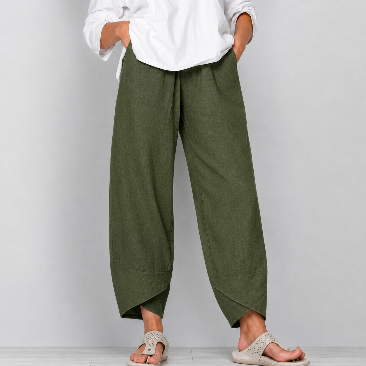 Mujer lino Pantalones Cropped de Pierna Ancha con Bajo Curvado-Pants for Women-Casaluzia