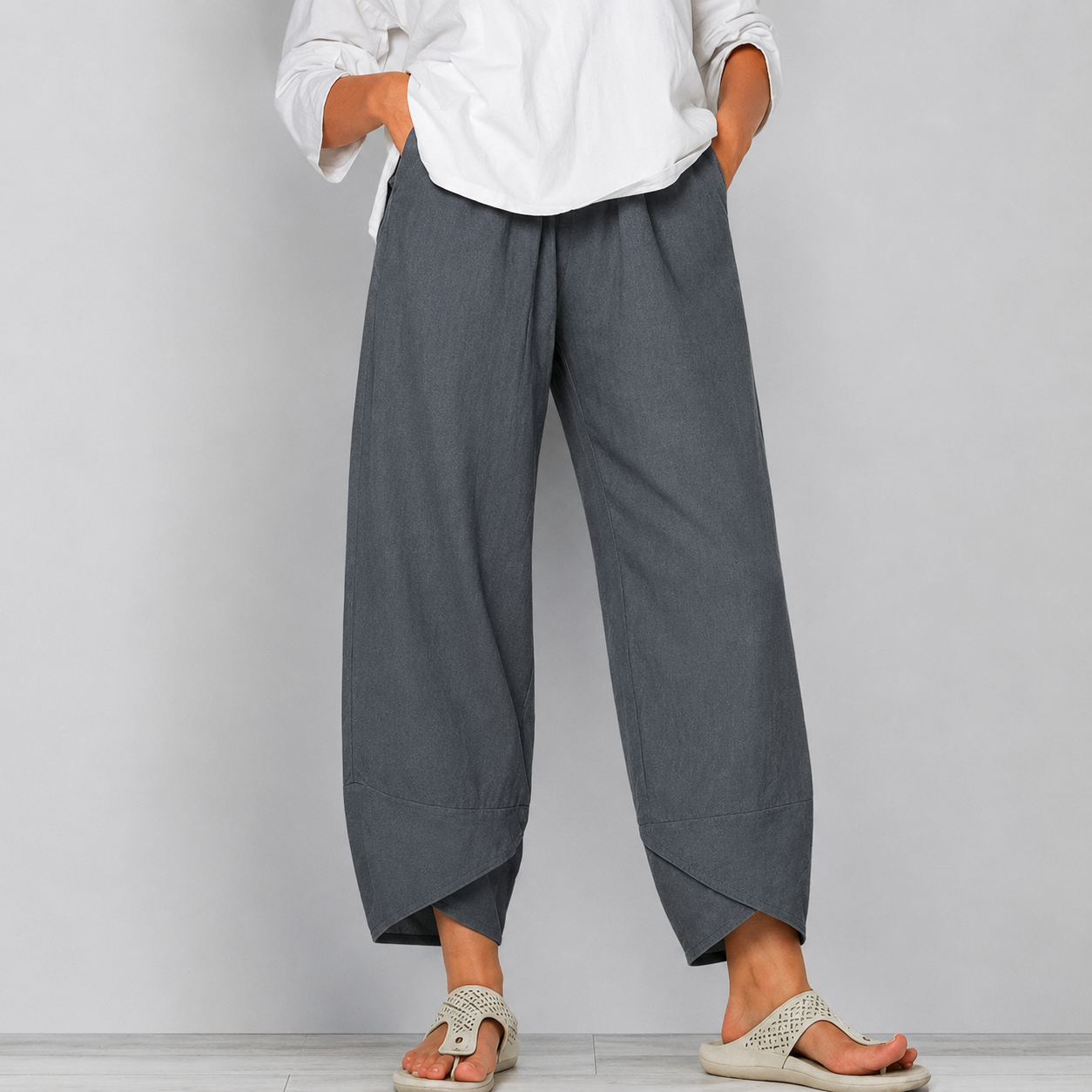 Mujer lino Pantalones Cropped de Pierna Ancha con Bajo Curvado-Pants for Women-Casaluzia