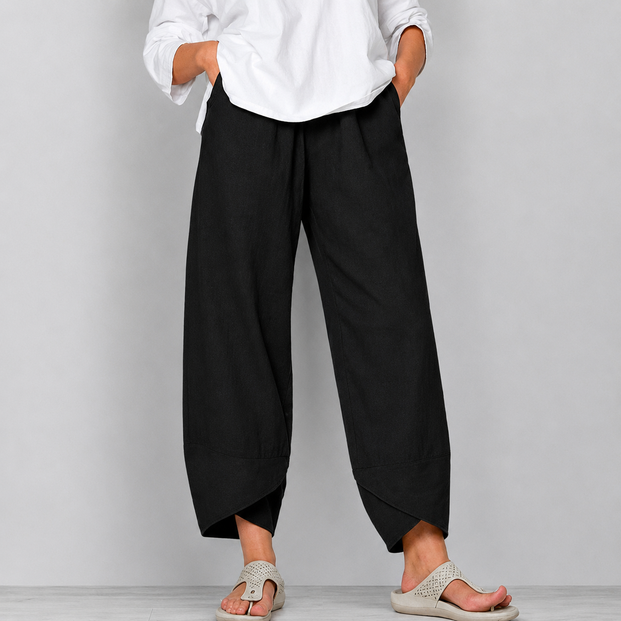 Mujer lino Pantalones Cropped de Pierna Ancha con Bajo Curvado-Pants for Women-Casaluzia