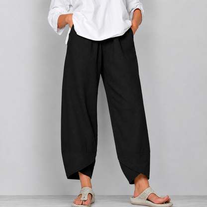 Mujer lino Pantalones Cropped de Pierna Ancha con Bajo Curvado-Pants for Women-Casaluzia