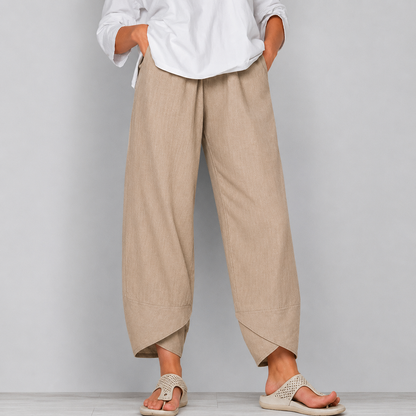 Mujer lino Pantalones Cropped de Pierna Ancha con Bajo Curvado-Pants for Women-Casaluzia