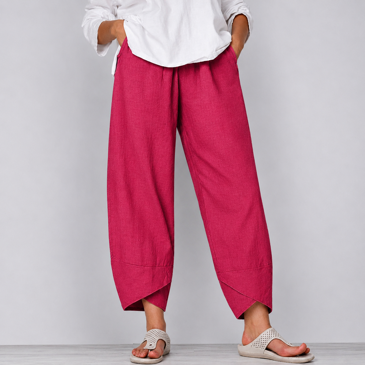 Mujer lino Pantalones Cropped de Pierna Ancha con Bajo Curvado-Pants for Women-Casaluzia