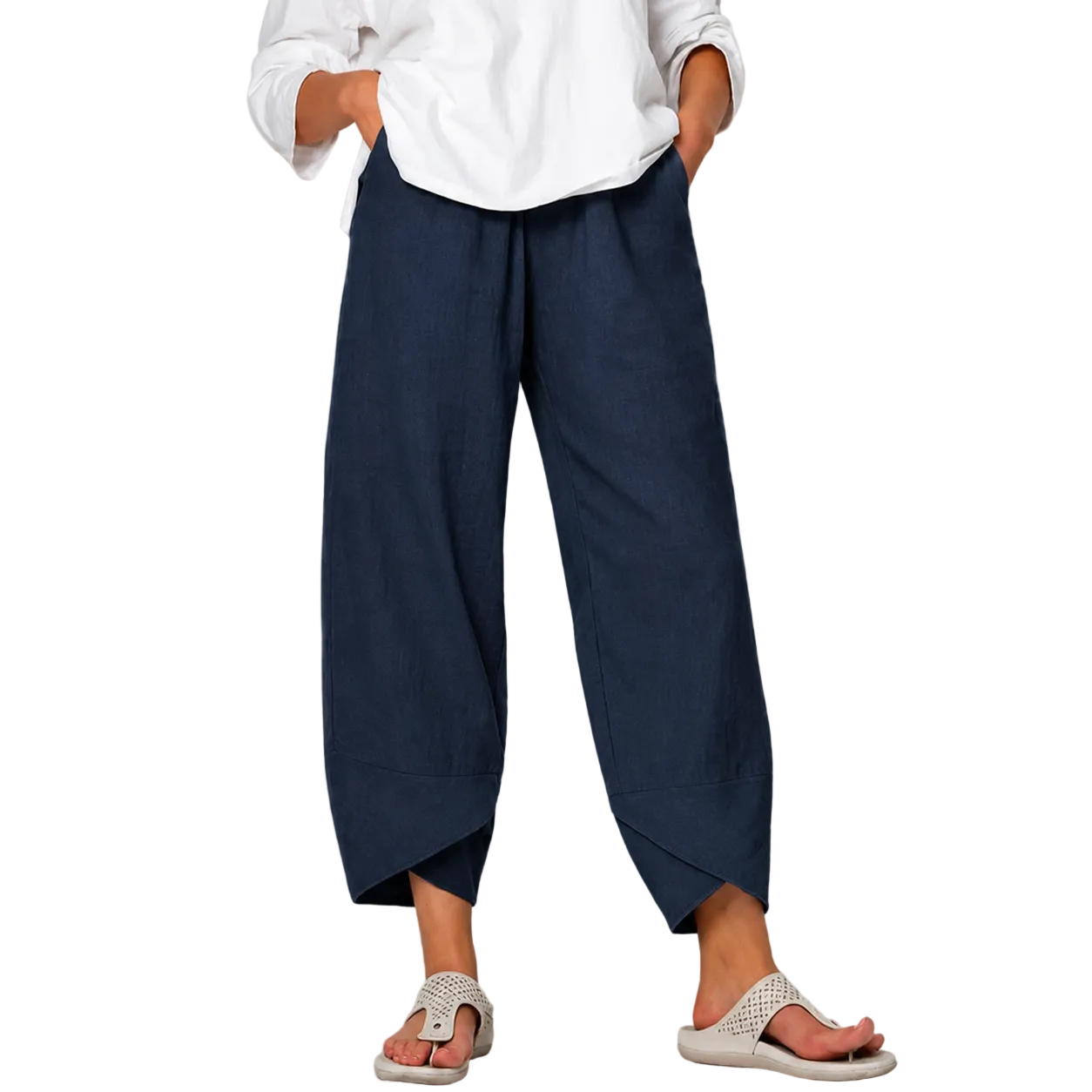 Mujer lino Pantalones Cropped de Pierna Ancha con Bajo Curvado-Pants for Women-Casaluzia