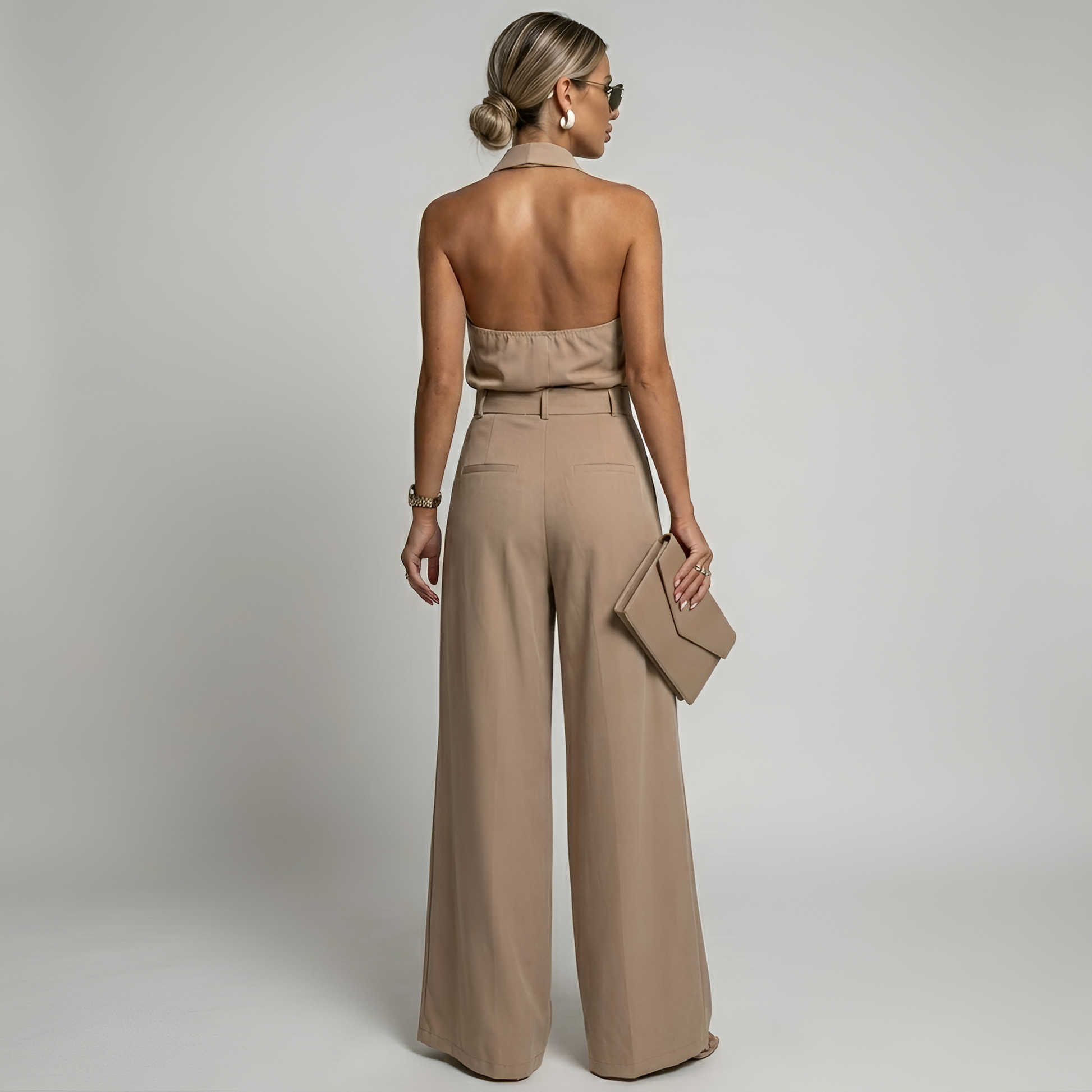 Mujer Mono con Cuello Halter y Pernera Ancha-Jumpsuits for women-Casaluzia