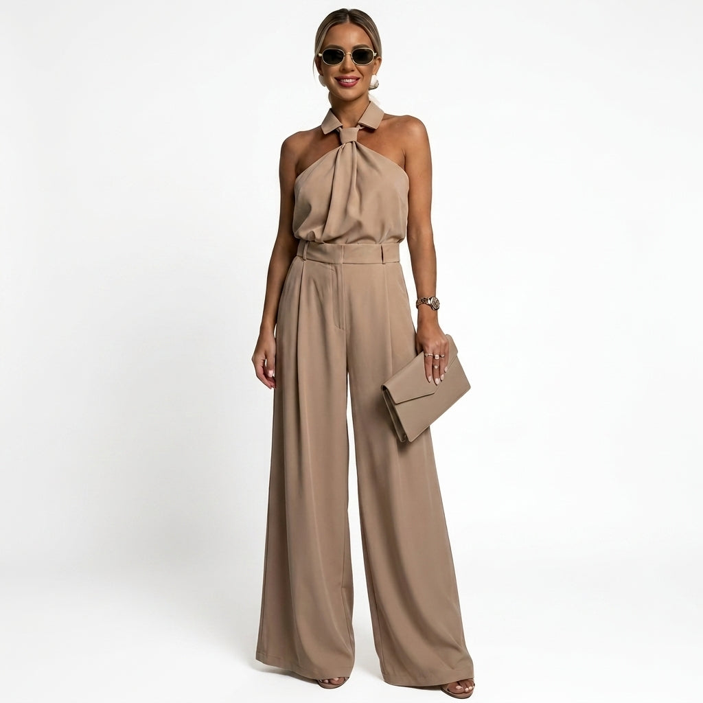 Mujer Mono con Cuello Halter y Pernera Ancha-Jumpsuits for women-Casaluzia