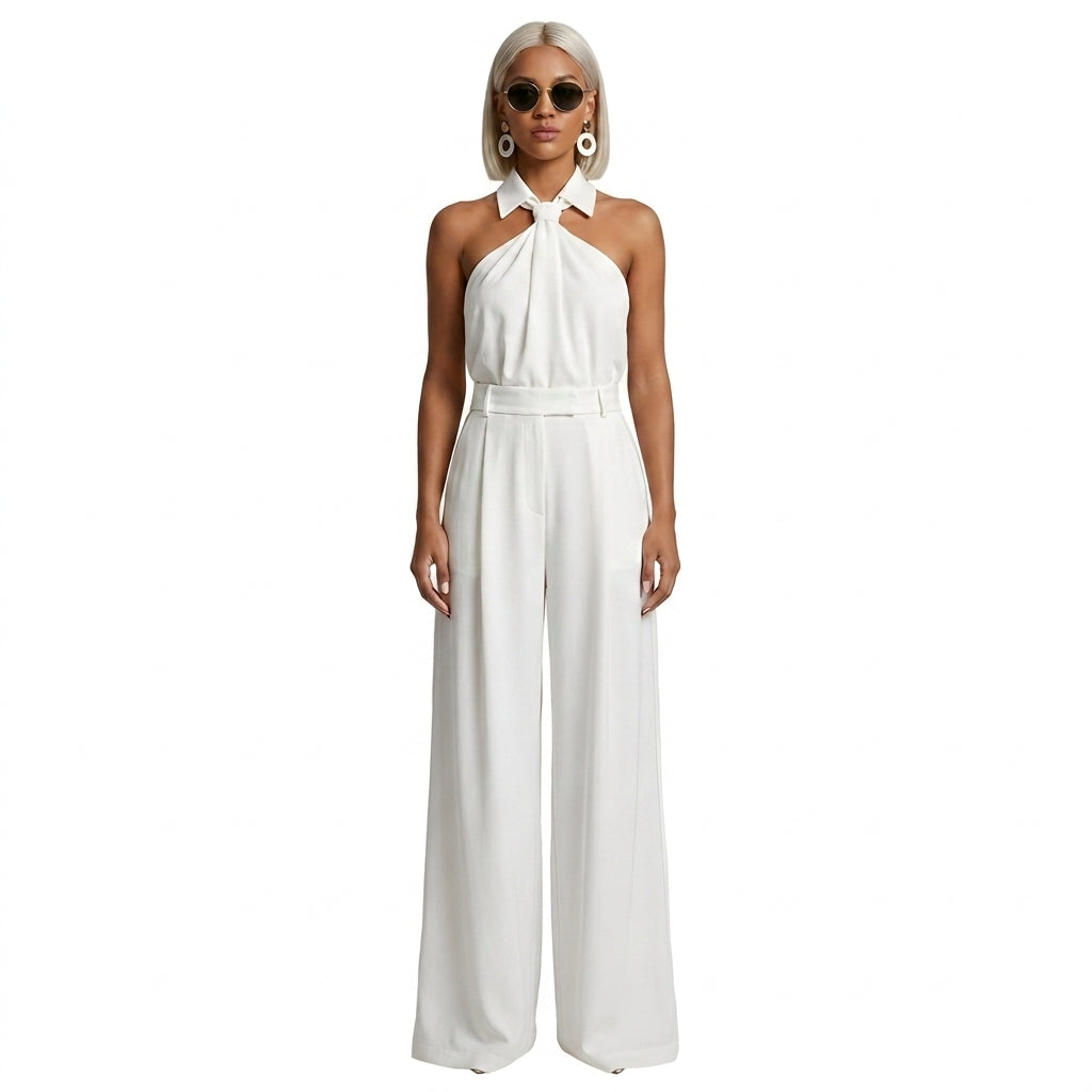 Mujer Mono con Cuello Halter y Pernera Ancha-Jumpsuits for women-Casaluzia