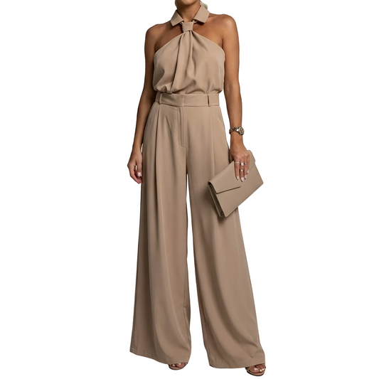 Mujer Mono con Cuello Halter y Pernera Ancha-Jumpsuits for women-Casaluzia