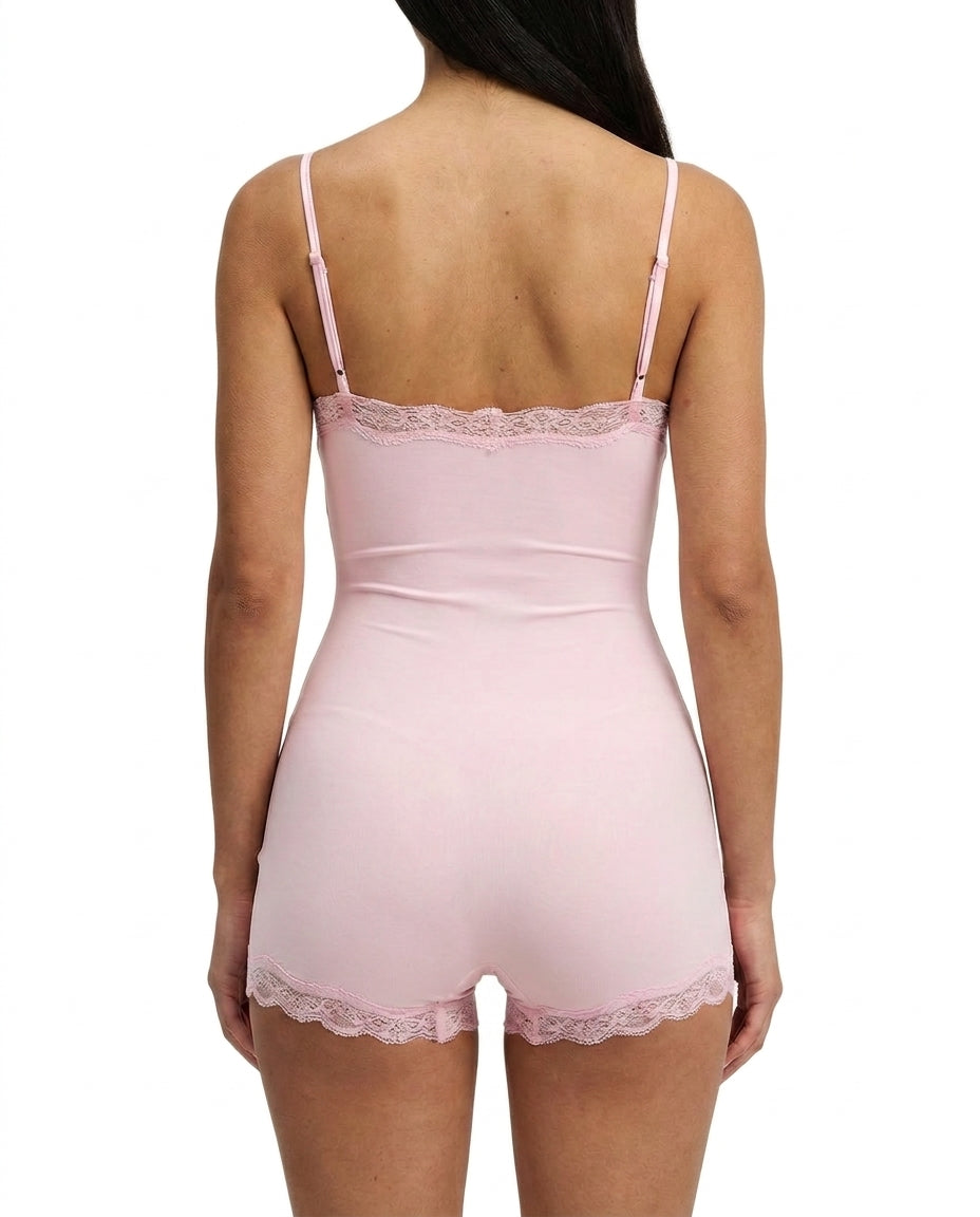 Mujer Mono Corto de Tirantes Finos Ajustables con Ribete de Encaje-Jumpsuits for women-Casaluzia