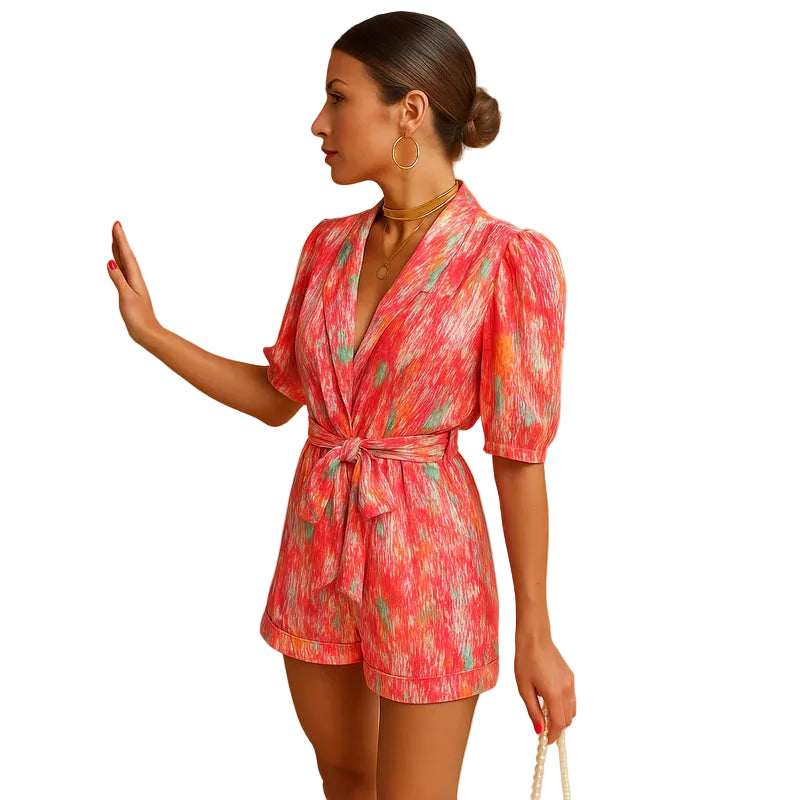 Mujer Mono Corto Estampado Floral con Escote en V y Cinturón-Jumpsuits for women-Casaluzia