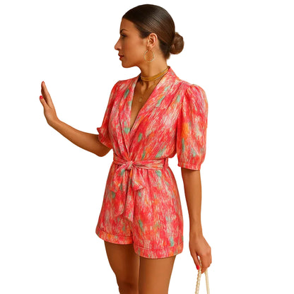Mujer Mono Corto Estampado Floral con Escote en V y Cinturón-Jumpsuits for women-Casaluzia