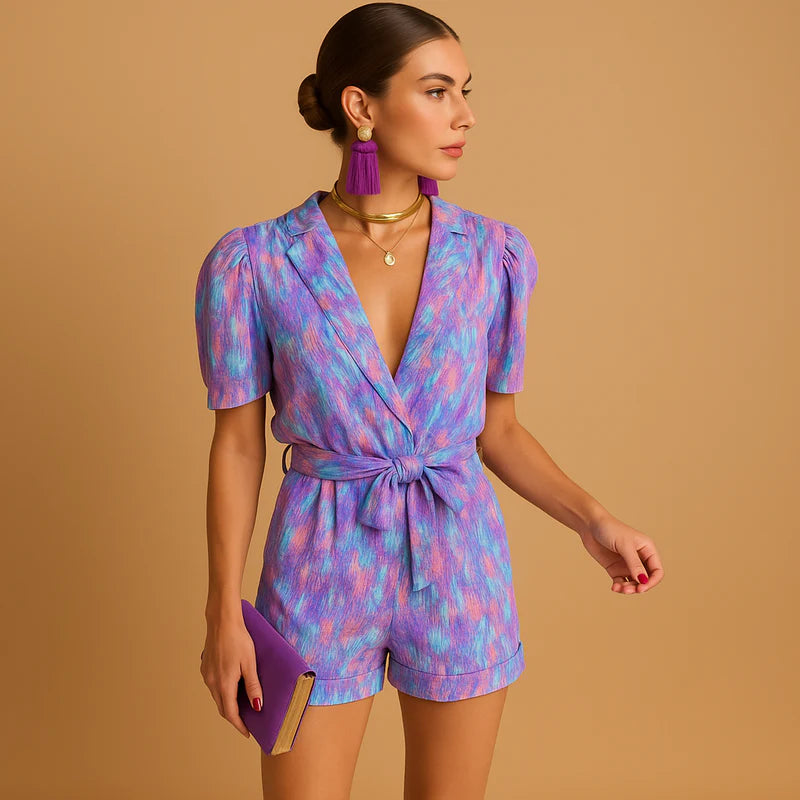 Mujer Mono Corto Estampado Floral con Escote en V y Cinturón-Jumpsuits for women-Casaluzia