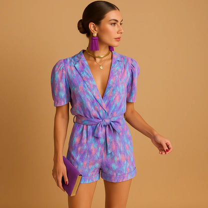 Mujer Mono Corto Estampado Floral con Escote en V y Cinturón-Jumpsuits for women-Casaluzia