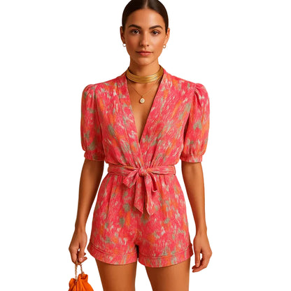 Mujer Mono Corto Estampado Floral con Escote en V y Cinturón-Jumpsuits for women-Casaluzia