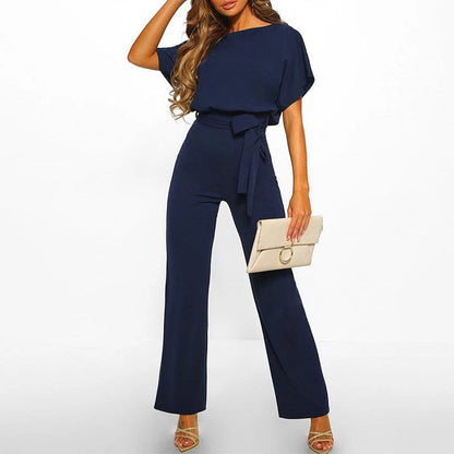 Mujer Mono de manga corta con pierna ancha y lazo en la cintura-Jumpsuits for women-Casaluzia