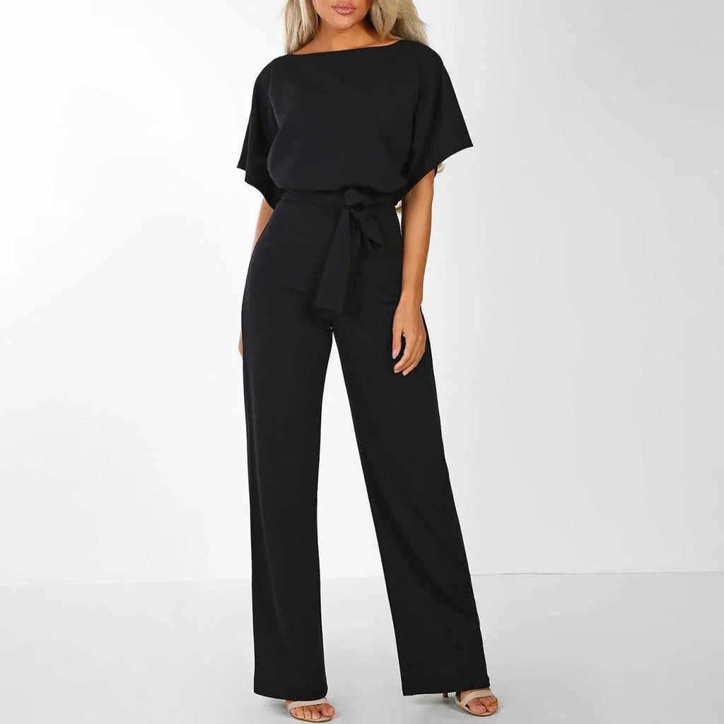 Mujer Mono de manga corta con pierna ancha y lazo en la cintura-Jumpsuits for women-Casaluzia