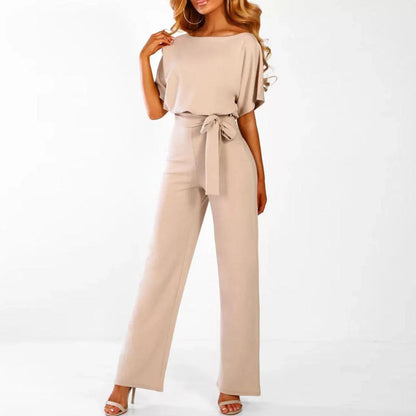 Mujer Mono de manga corta con pierna ancha y lazo en la cintura-Jumpsuits for women-Casaluzia