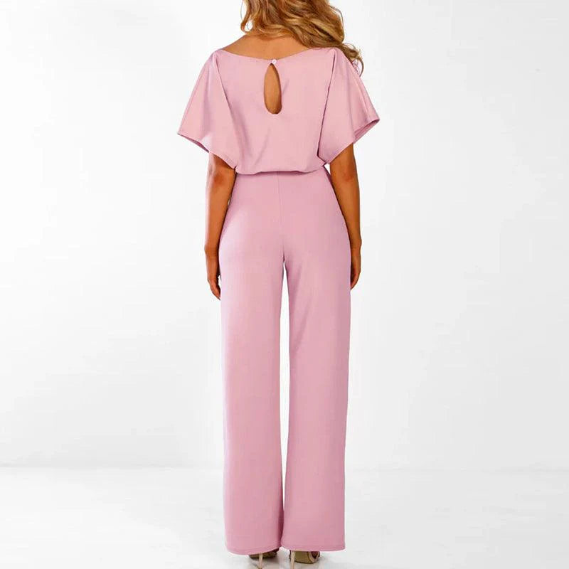 Mujer Mono de manga corta con pierna ancha y lazo en la cintura-Jumpsuits for women-Casaluzia