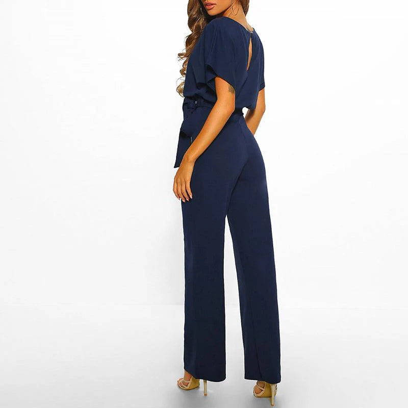 Mujer Mono de manga corta con pierna ancha y lazo en la cintura-Jumpsuits for women-Casaluzia