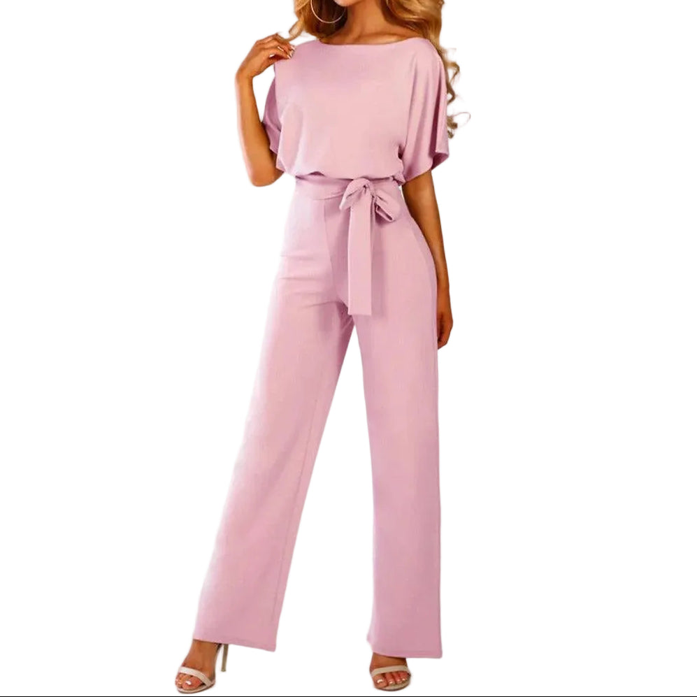 Mujer Mono de manga corta con pierna ancha y lazo en la cintura-Jumpsuits for women-Casaluzia